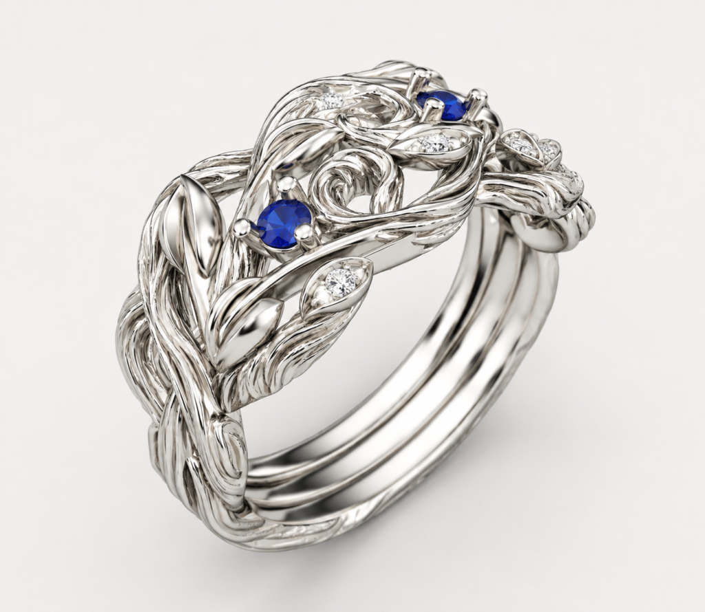 Sapphire Vine Ring CAD Design with Sculpted White Gold Leaf Details