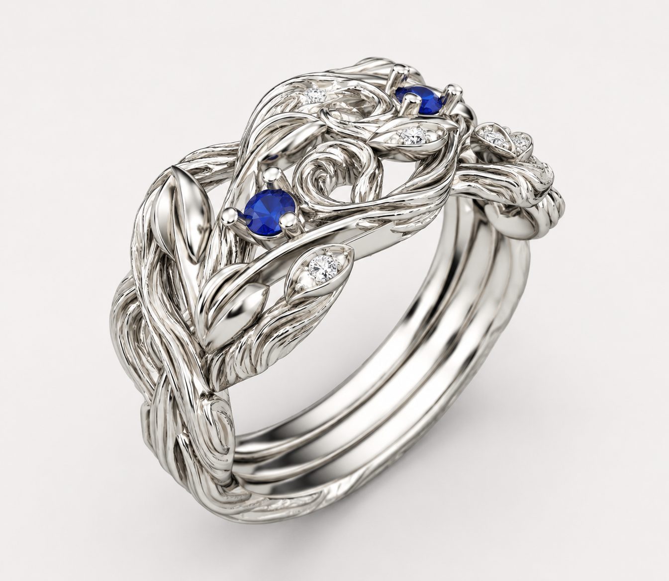 Sapphire Vine Ring CAD Design with Sculpted White Gold Leaf Details