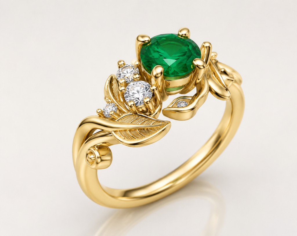 Nature-Inspired Emerald and Diamond Ring CAD Design