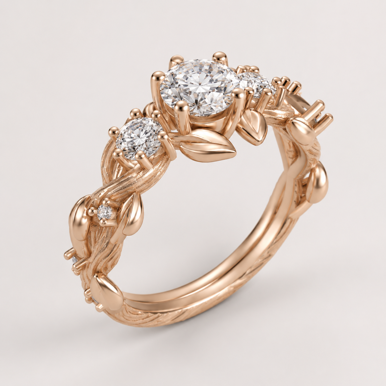 Luxury Rose Gold Diamond Engagement Ring CAD Design with Sculpted Leaf Details