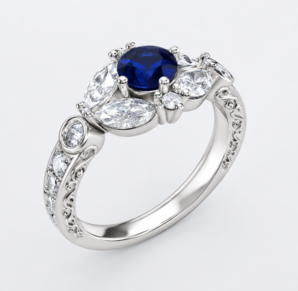 Royal Blue Sapphire Engagement Ring CAD Design with Marquise Diamond Accents