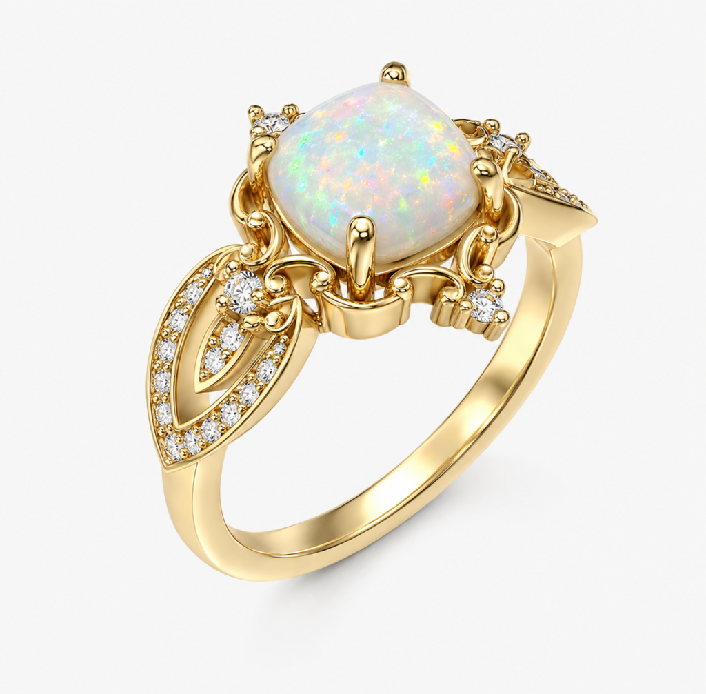 Luxury Opal and Diamond Statement Ring CAD Design in Yellow Gold