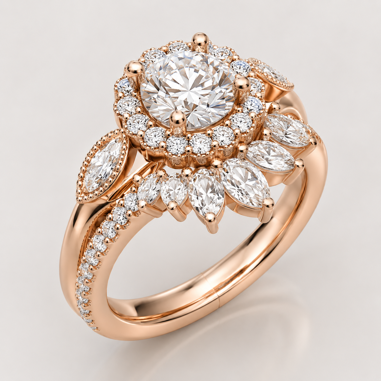 Heirloom Rose Gold Diamond Cluster Engagement Ring with Marquise Accents