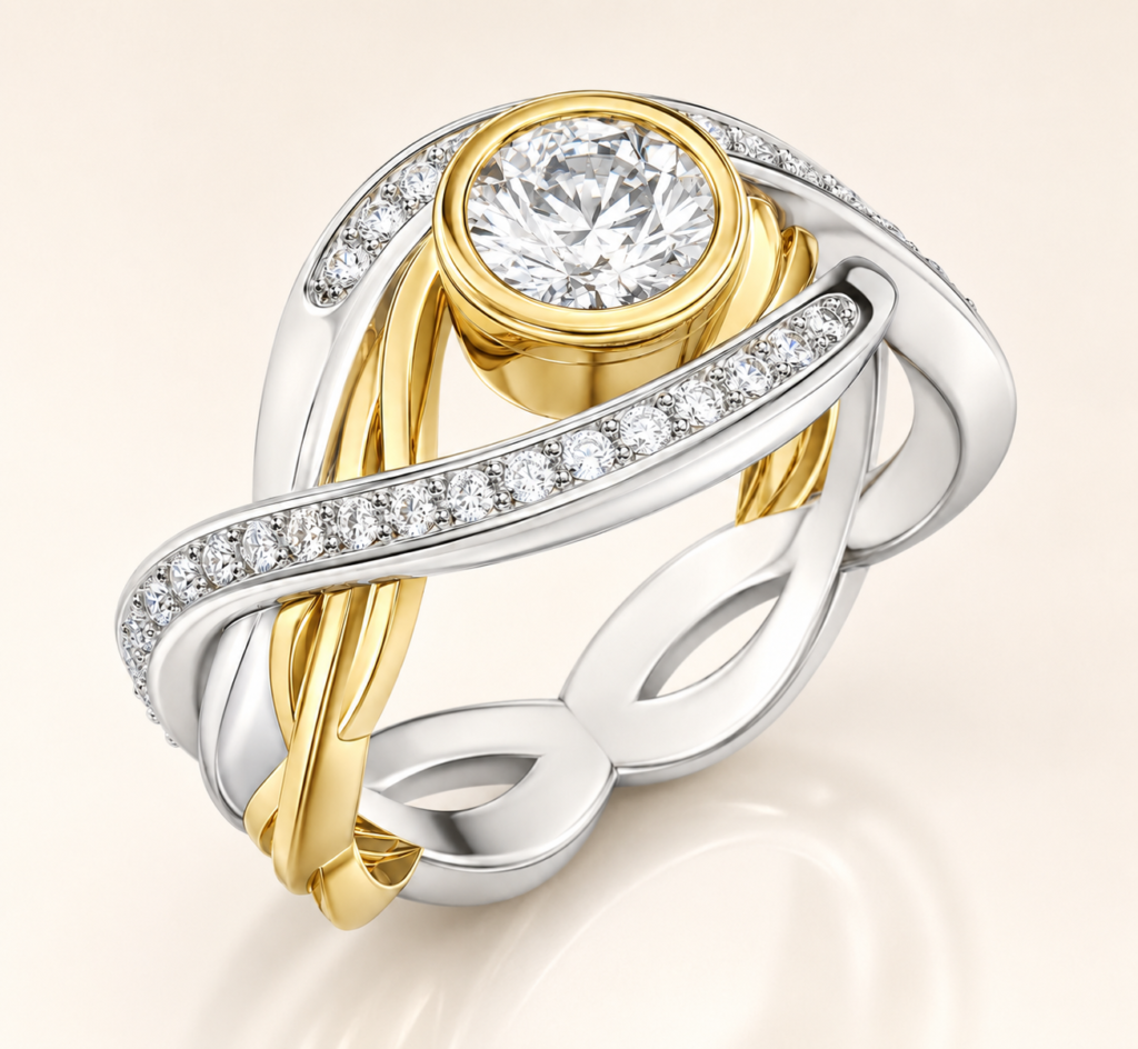 Two-Tone Bezel Diamond Ring CAD Design with Interwoven Pavé Band