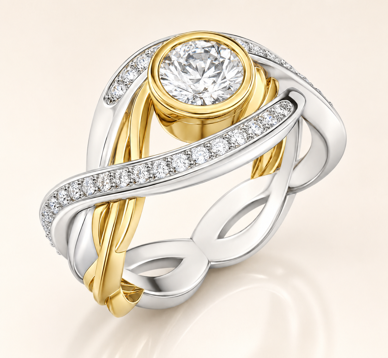 Two-Tone Bezel Diamond Ring CAD Design with Interwoven Pavé Band