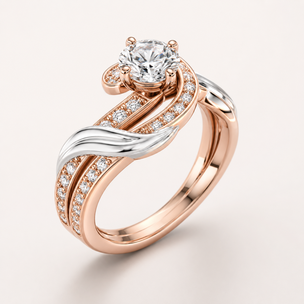 Two-Tone Diamond Swirl Engagement Ring CAD Design with Pavé Split Shank