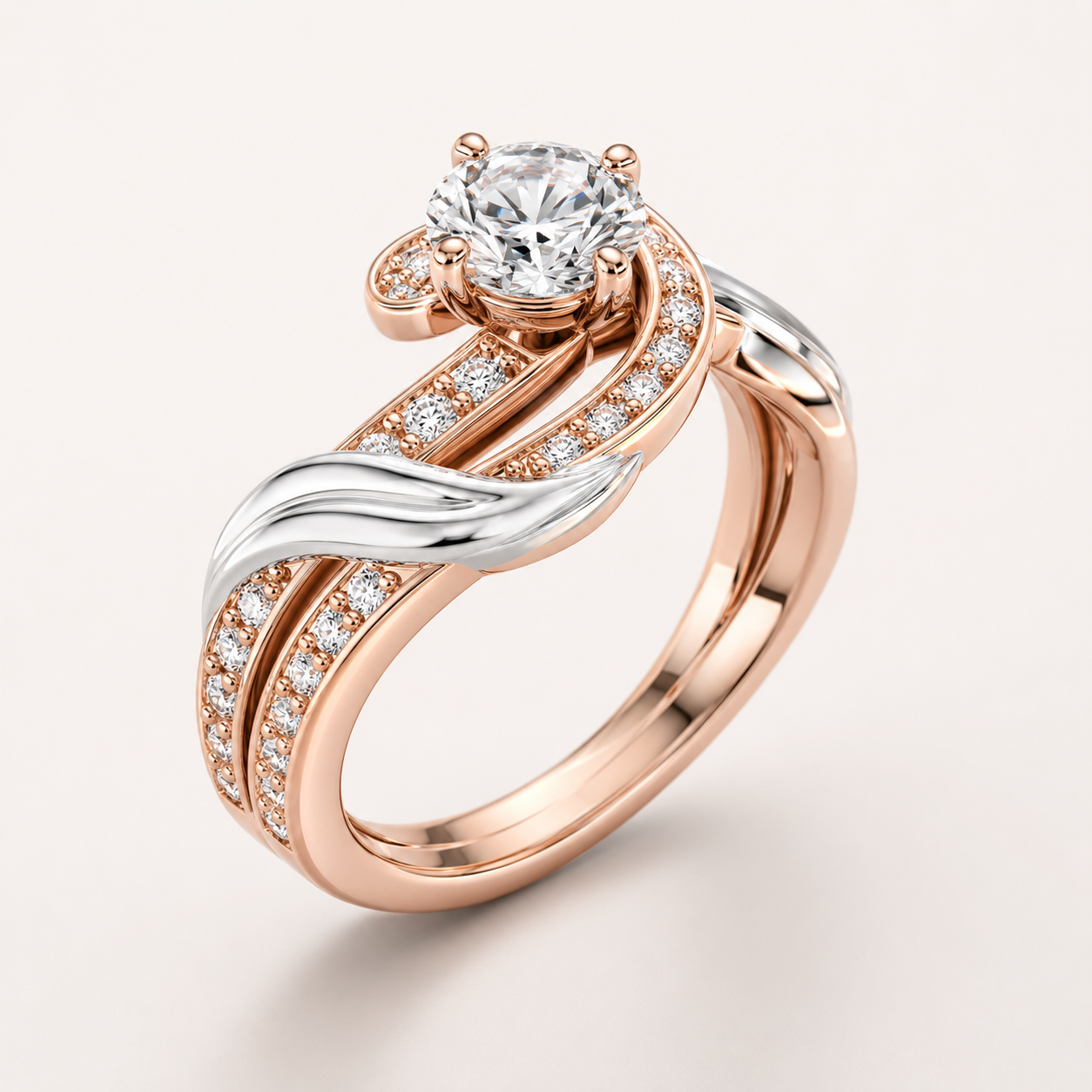 Two-Tone Diamond Swirl Engagement Ring CAD Design with Pavé Split Shank
