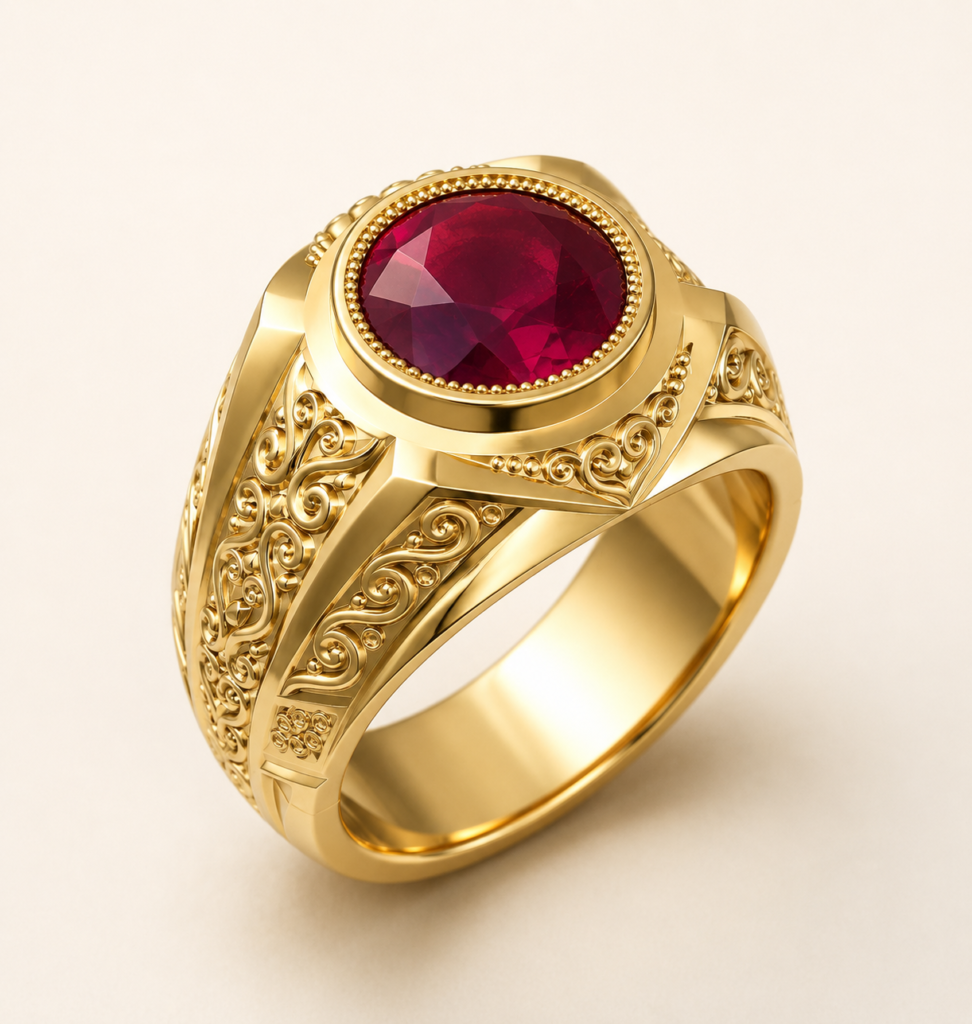 Ornate Yellow Gold Ruby Signet Ring CAD Design with Filigree Scrollwork