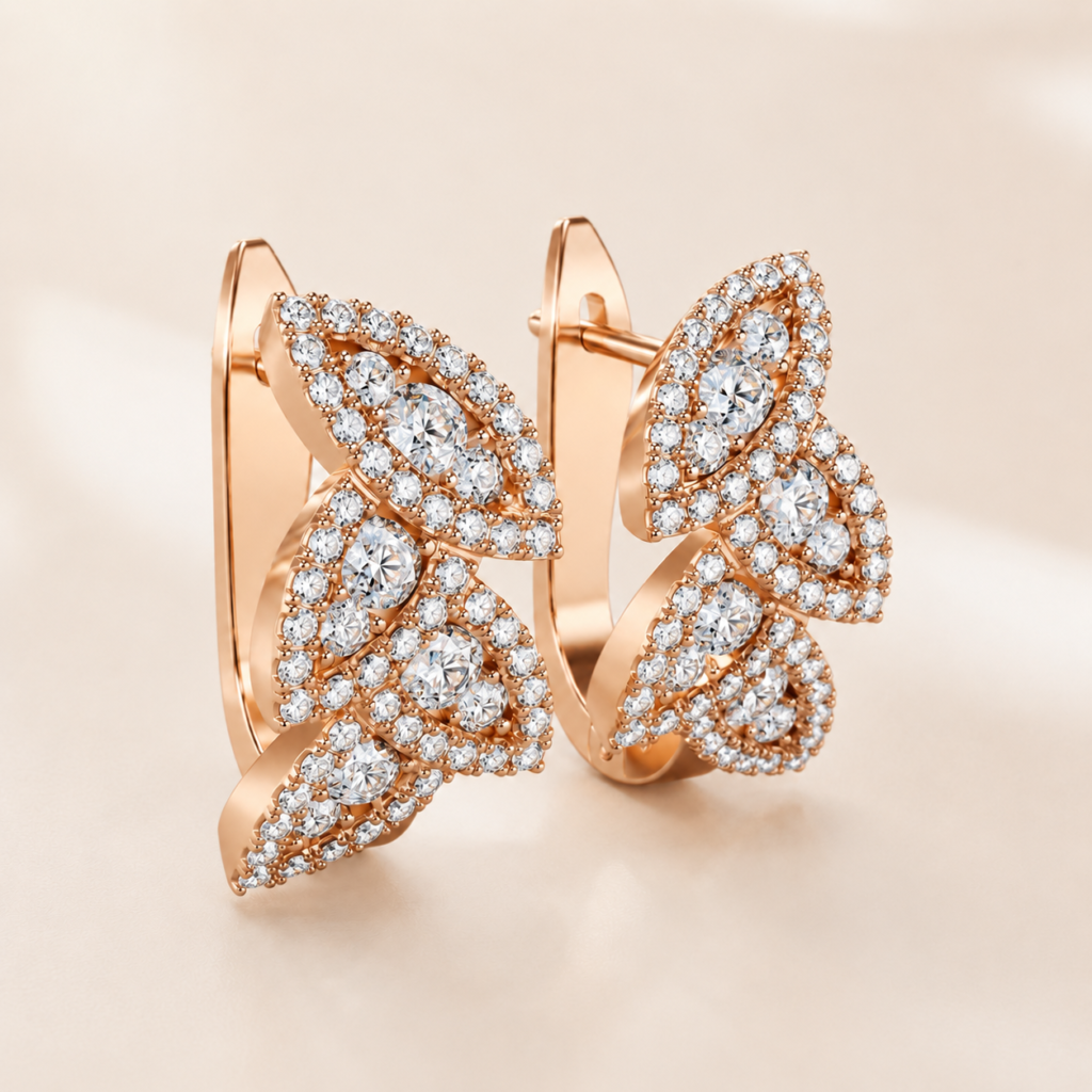 Rose Gold Diamond Leaf Earrings CAD Design with Pavé Detailing