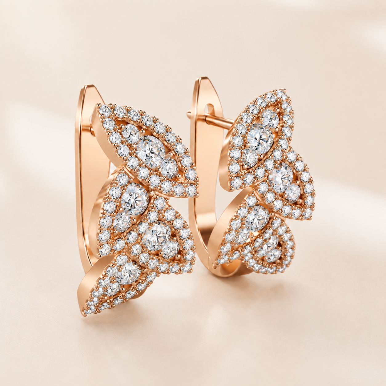 Rose Gold Diamond Leaf Earrings CAD Design with Pavé Detailing