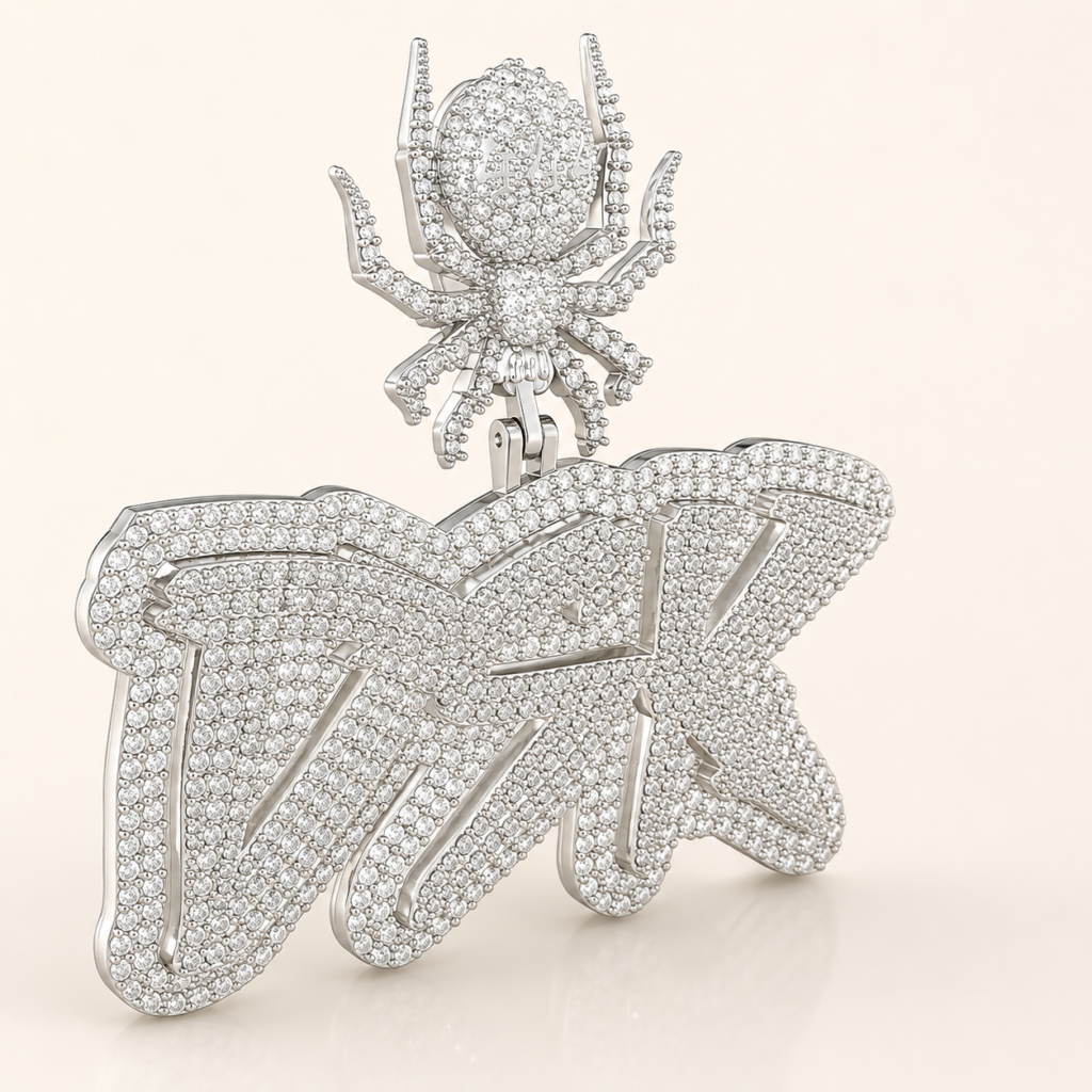 Iced-Out Diamond Name Pendant CAD Design with Spider Charm