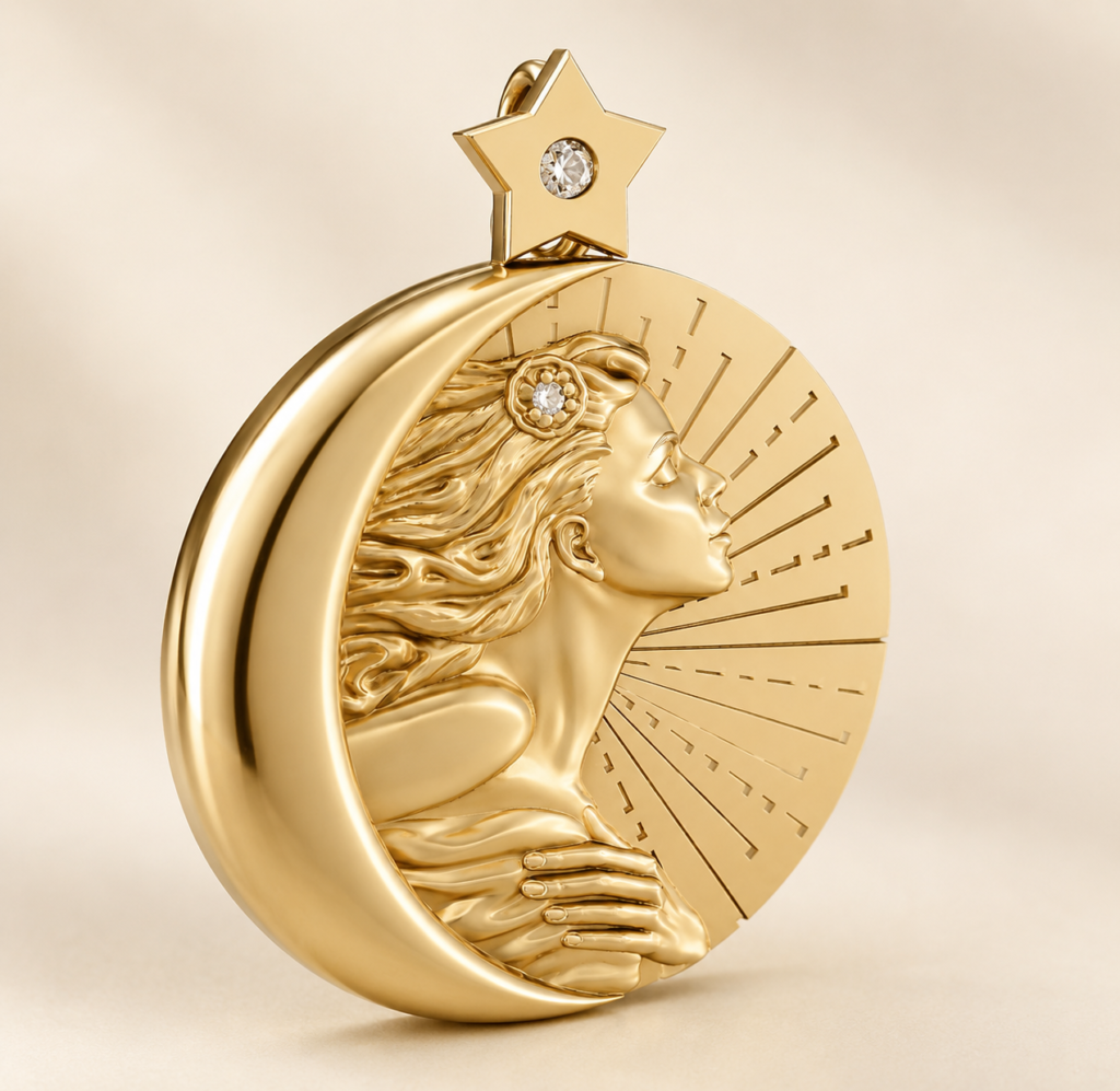 Celestial Gold Pendant CAD Design with Bas-Relief Female Portrait