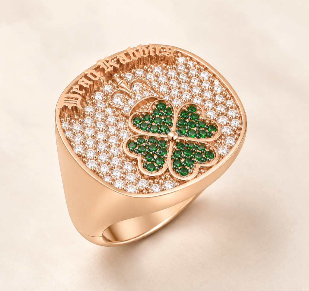 Rose Gold Four-Leaf Clover Signet Ring CAD Design with Green Gemstones