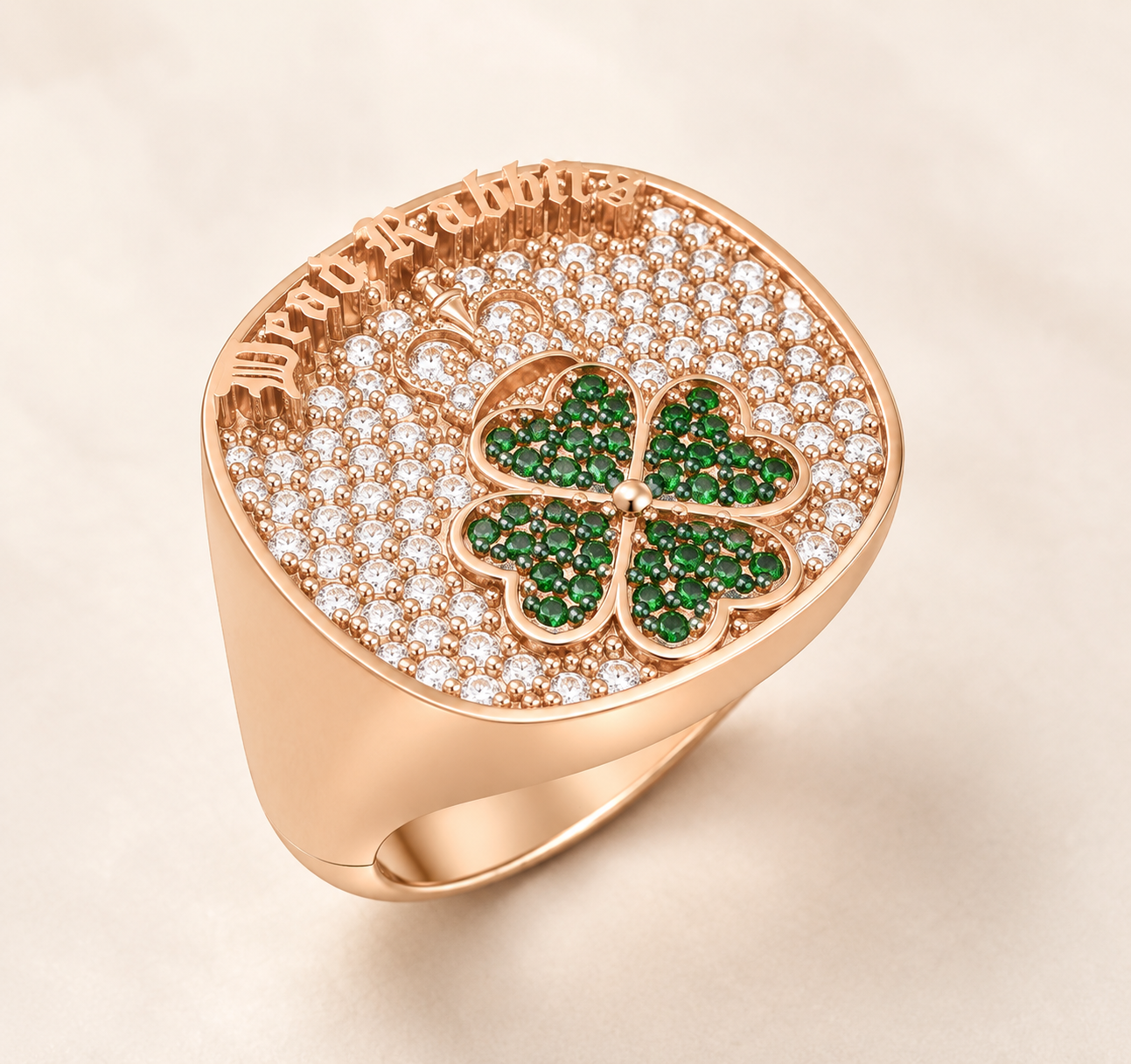 Rose Gold Four-Leaf Clover Signet Ring CAD Design with Green Gemstones