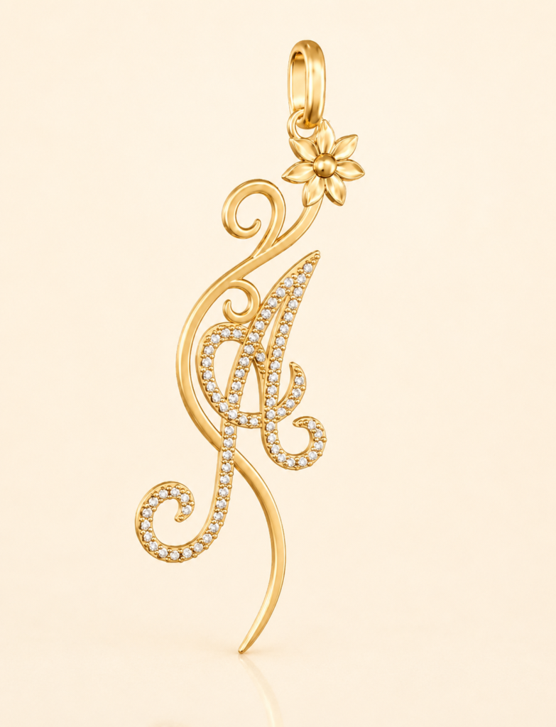 Gold Initial Pendant CAD Design with Diamond Script Letter and Flower Detail