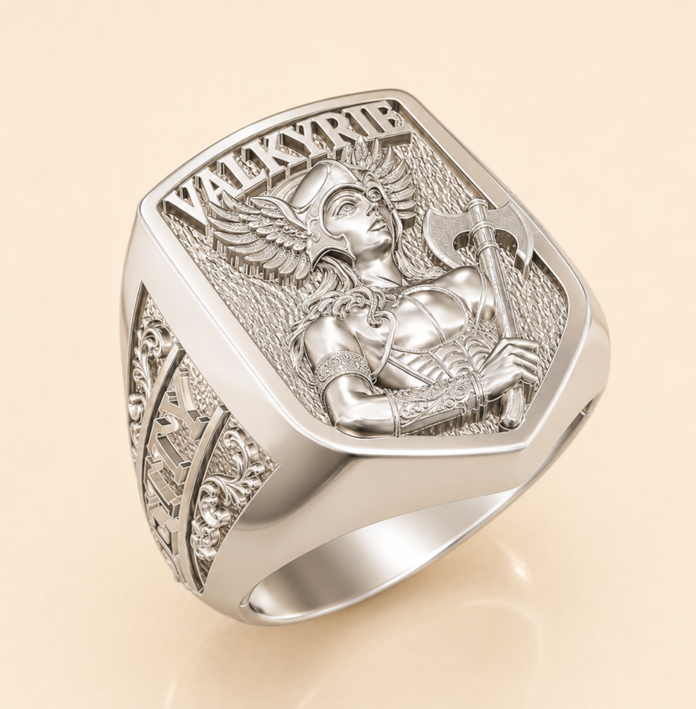 Valkyrie Warrior Signet Ring CAD Design with Bas-Relief Sculpture