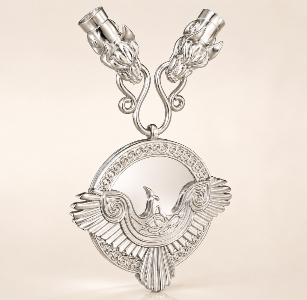 Custom Silver Bird Medallion Pendant CAD Design with Sculpted Wolf Head Bails