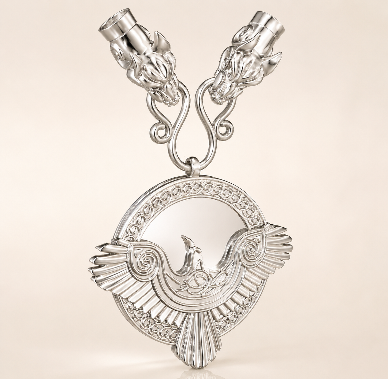 Custom Silver Bird Medallion Pendant CAD Design with Sculpted Wolf Head Bails
