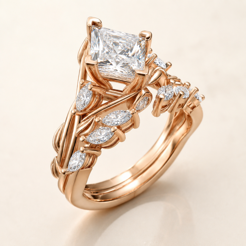 Rose Gold Princess-Cut Diamond Bridal Ring Set CAD Design