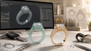 Production-ready 3D jewelry CAD design workflow showing a CAD model, resin prototype, and finished diamond ring for casting and manufacturing