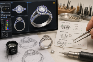 Accurate 3D jewelry CAD design showing diamond stone setting layout, prong height, pavé spacing, and engagement ring manufacturing details