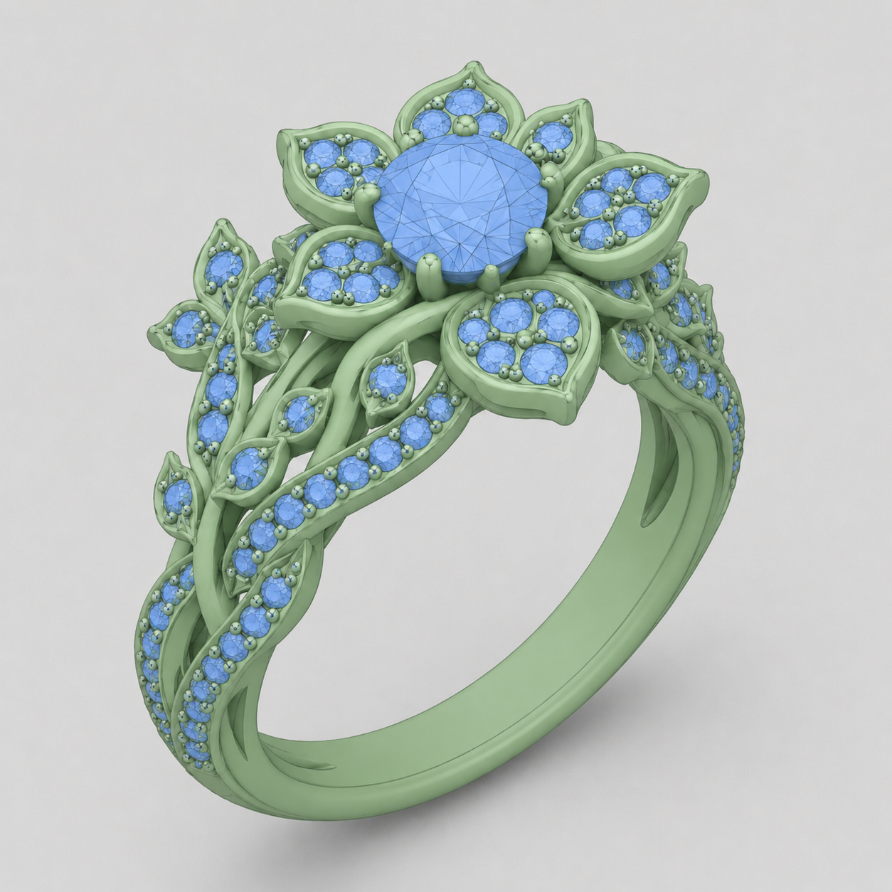 Floral engagement ring 3D CAD model with round center stone, diamond pavé leaves, and sculpted vine details