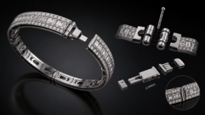 Articulated diamond bracelet jewelry CAD design showing hinge construction, clasp mechanism, and exploded technical assembly details
