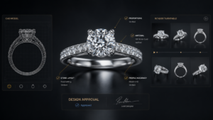 Jewelry rendering approval workflow showing a diamond engagement ring CAD model, photorealistic views, material verification, stone layout, and profile accuracy