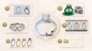 Jewelry digital master workflow connecting 3D jewelry CAD design, 3D printing, manufacturing, photorealistic rendering, video animation, and product variations