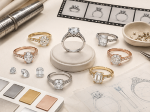 Parametric jewelry CAD design showing configurable engagement ring variations with different gemstone shapes, metal colors, settings, and ring sizes