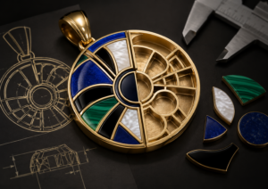 Gold pendant jewelry CAD design showing fitted lapis lazuli, malachite, onyx, and mother-of-pearl inlays beside precision-cut empty setting cells