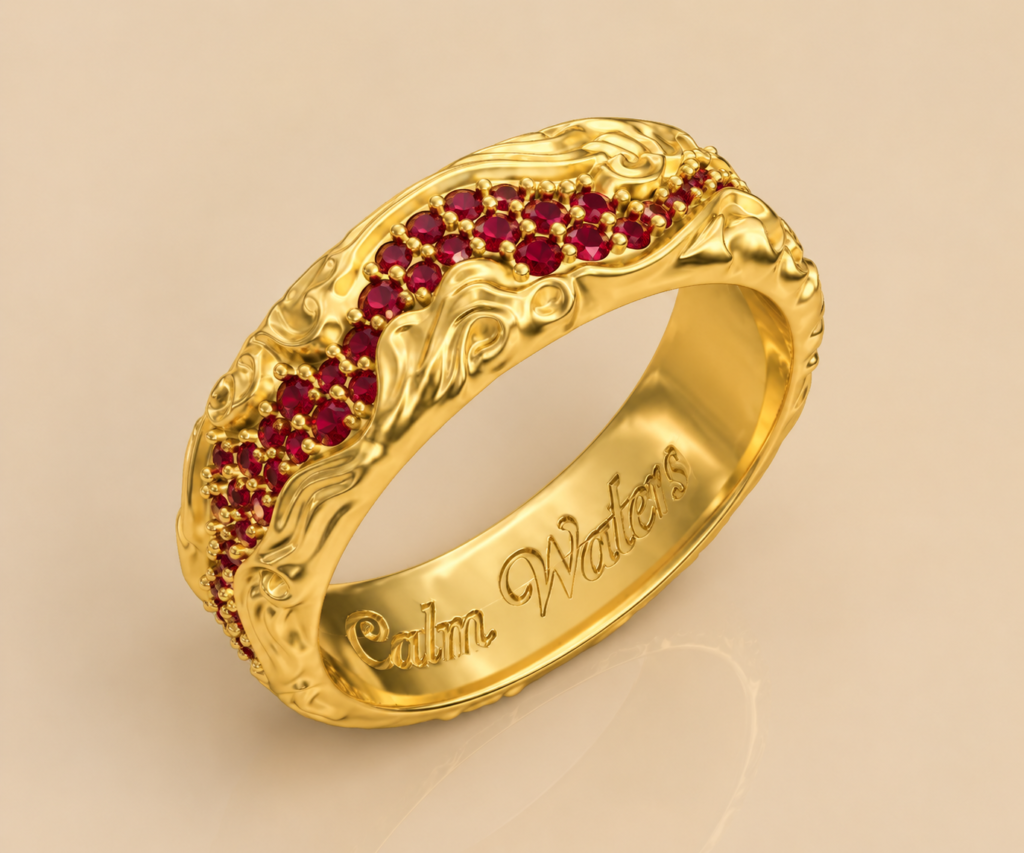 Koi-Inspired Ruby Wedding Band CAD Design in Yellow Gold