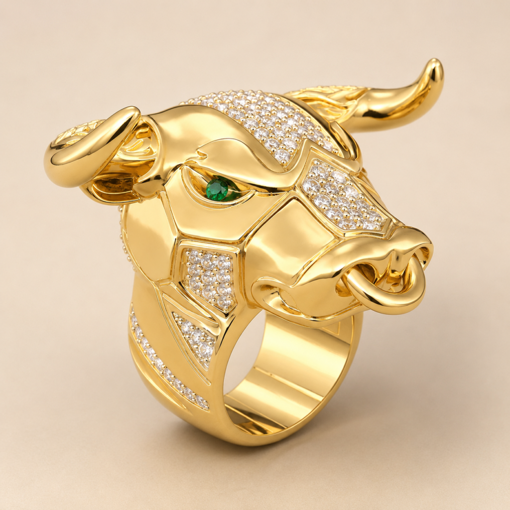 Sculpted Diamond Bull Head Ring CAD Design in Yellow Gold