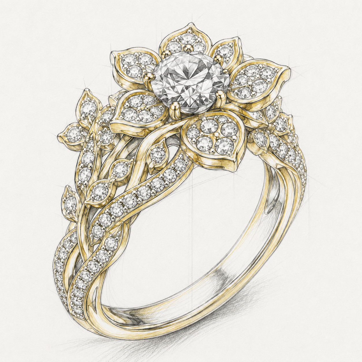 Detailed floral diamond engagement ring concept sketch with leaf motifs, pavé stones, and round center diamond