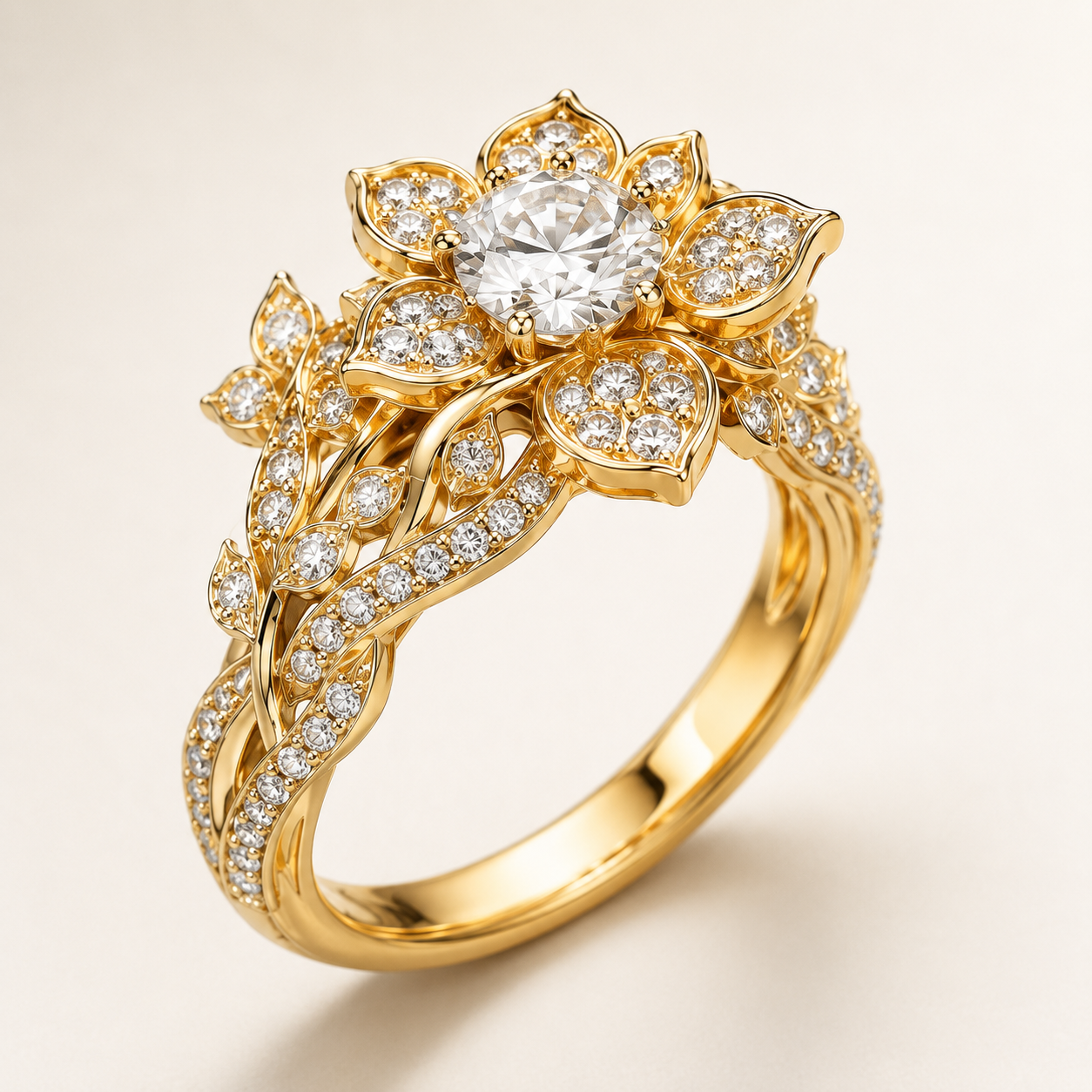 Yellow gold floral diamond engagement ring with round center stone, leaf-shaped settings, and pavé diamond vines