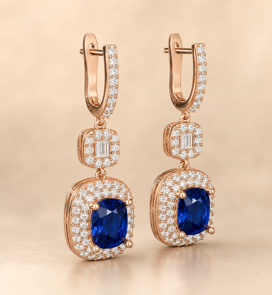 Royal Sapphire Diamond Drop Earrings CAD Design